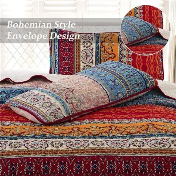 Bohemian Quilt Set King Size, Boho Striped Printed Bedding